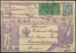 Let ENTIERS POSTAUX Sage, 15c. Bleu, Env. Commémo TSC N°J91b, Escadre Russe à Toulon, Affr. N°75 PAIRE Obl. Càd LE HAVRE - Autres & Non Classés