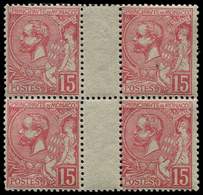 ** MONACO 15 : Albert Ier, 15c. Rose, BLOC De 4 Interp., Petit Pli Sur Un T. Et Infime Pt Noir Dans Le Papier, TB - Used Stamps