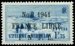 ** SAINT PIERRE ET MIQUELON 225B : 1f75 Bleu, FRANCE LIBRE, Surcharge Noire, TB. C - Unused Stamps