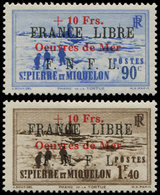 * SAINT PIERRE ET MIQUELON 311A/B : +10f. S. 90c. Et +10f. S. 1f.40, FRANCE LIBRE Oeuvres De Mer, TB. C Et Br - Unused Stamps