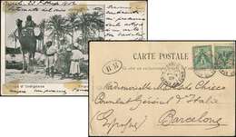 Let TUNISIE 5c. D'Italie, 2 Ex. Obl. GABES 27/2/02 S. CP De Tripoli, Cachet BM Pour Barcelone, TB - Sonstige & Ohne Zuordnung