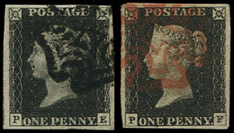 GRANDE BRETAGNE 1 : 1p. Black, 2 Ex. P-E Et P-F, Obl. Croix De Malte Noire Et Rouge, TB - Unused Stamps