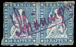 SUISSE 27a : 10r. Bleu, PAIRE Annulée à La Main, Fil De Soie Rouge, R Et TB - Used Stamps