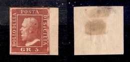 0077 ANTICHI STATI - SICILIA - 1859 - 5 Grana Rosso Sangue (9c) - Grandi Margini E Bordo Foglio (tratto E Macchia Di Col - Sonstige & Ohne Zuordnung