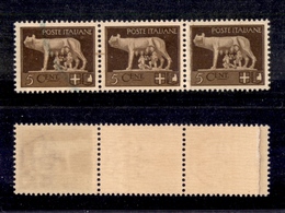 0200 REGNO - 1929 - 5 Cent Imperiale (243e) - Striscia Di Tre Su Carta Ricongiunta - Nuova Con Gomma Integra (3.000) - Sonstige & Ohne Zuordnung