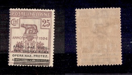 0295 REGNO - Enti Parastatali - 1924 - 25 Cent (72ab) Con Soprastampa Spostata In Basso - Gomma Integra (375+) - Andere & Zonder Classificatie