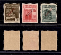 0381 REPUBBLICA SOCIALE - 1944/1945 - Saggi - 10 Cent (503) + 20 Cent (504) + 3 Lire (511) Soprastampati Saggio (vedi No - Sonstige & Ohne Zuordnung