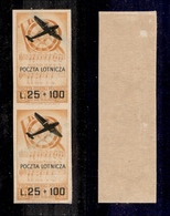 0443 EMISSIONI LOCALI - CORPO POLACCO - 1946 - 25 Lire + 100 Su 1 Lira (3a-Aerea) - Coppia Verticale Non Dentellata - Di - Sonstige & Ohne Zuordnung