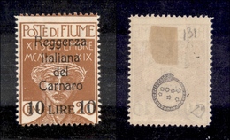 0474 OCCUPAZIONI - FIUME - 1920 - 10 Lire Su 20 Cent (146) - Diena + Cert. AG (900) - Other & Unclassified