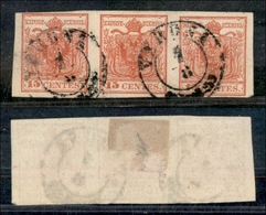 1082 ANTICHI STATI - LOMBARDO VENETO - 1854/1857 - Striscia Di Tre 15 Cent Rosso (20) - Usati - Other & Unclassified