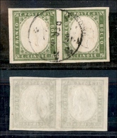 1196 ANTICHI STATI - SARDEGNA - 1861 - 5 Cent Verde Oliva Giallastro (13Cc) - Coppia Orizzontale - Usata - Andere & Zonder Classificatie