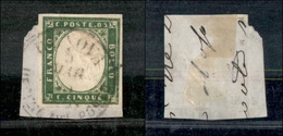 1202 ANTICHI STATI - SARDEGNA - 1862 - 5 Cent (13Db) - Genova Porto 5.3.63 - Su Frammento - Andere & Zonder Classificatie