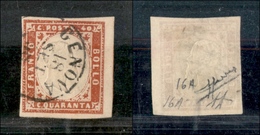 1273 ANTICHI STATI - SARDEGNA - 1857 - 40 Cent Rosso Scarlatto (16A) - A.Diena + Sorani (200) - Altri & Non Classificati