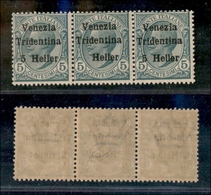 1860 OCCUPAZIONI - TRENTINO - 1918 - Striscia Di Tre Del 5 Heller Su 5 Cent Leoni (28+28d+28) - Il Pezzo Centrale Senza  - Other & Unclassified