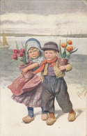CPA SIGNED ILLUSTRATION, KARL FEIERTAG- BOY AND GIRLWITH TULIPS POT, CLOGS - Feiertag, Karl