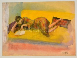 Kunffy Jelzéssel: Olvasó Nő. Akvarell, Papír, 23×30 Cm - Autres & Non Classés