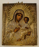 Orosz Ikonfestő, 20. Sz. Eleje: Tikhvini Istenanya. Olaj, Fa, Réz Okláddal, Kis Hibákkal, 26,5×22 Cm / The Mother Of God - Autres & Non Classés