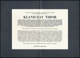 1992 Klaniczay Tibor (1923-1992) Kossuth-díjas Irodalomtörténész, MTA Tag Halálozási értesítője. - Non Classés