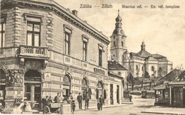 * T2/T3 Zilah, Zalau; Utcakép, Református Templom, Stern R. és Materny János üzlete / Street View, Calvinist Church, Sho - Unclassified