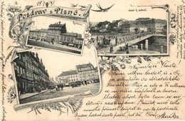 T2 1899 Plzen, Pilsen; Radnice, Most K Nadrazi, Namesti, Caffe Central / Town Hall, Bridge, Square, Cafe. Art Nouveau, F - Zonder Classificatie