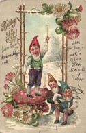 T2/T3 Boldog Újévet! / New Year Greeting Card, Dwarves, Mushrooms, Champagne. Floral Emb. Litho (EK) - Non Classificati