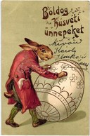 T2 Boldog Húsvéti ünnepeket! / Easter Greeting Art Postcard, Rabbit With Egg. Golden Emb. Litho - Unclassified