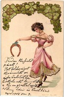 T2 Lady With Horse Shoe And Clovers. Greeting Art Postcard, Golden Litho - Unclassified