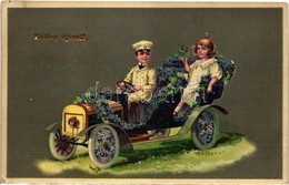 T2/T3 Boldog Újévet! / New Year Greeting Art Postcard, Children In Automobile. Floral, Litho (EK) - Non Classificati