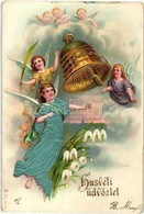 T2 Húsvéti üdvözlet / Easter Greeting Art Postcard, Angels With Bell. Golden Decorated Litho Silk Card - Non Classificati