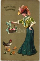 T2 Boldog Húsvéti Ünnepeket / Easter Greeting Art Postcard, Lady With Chicken. Rotochrom 1036. Emb. Litho - Unclassified