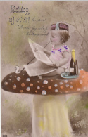 CPA MUSHROOMS, BABY READING PAPER, PIPE, WINE - Paddestoelen