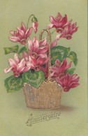 Delcampe - ANNIVERSAIRE. Corbeille De Cyclamens. Jolie Carte Gauffrée - Geburtstag