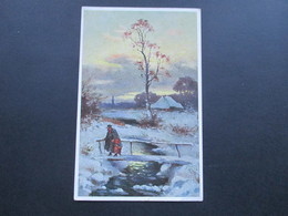 Österreich Künstlerkarte 1938. Winterlandschaft / Kleines Kind Mit Korb Und Altem Mann Mit Stock - 1900-1949