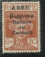 ARBE 1920 REGGENZA ITALIANA DEL CARNARO SOPRASTAMPA MODIFICATA CENT. 20 MNH - Arbe & Veglia