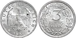 273 3 Reichsmark, 1931, A, Schwarzer Fleck Auf Dem Revers, Vz., Katalog: J. 349 Vz - Sonstige & Ohne Zuordnung