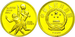 452 100 Yuan, Gold, 1990, Olympiade Barcelona 1992-Zwei Basketballspielerinnen, Fb. 33, In Kapsel, Mit Zertifikat Und Or - China