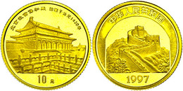 456 10 Yuan, Gold, 1997, 1/10 Unze, Halle Der Höchsten Harmonie, KM 1074, In Kapsel Mit Zertifikat, PP.  PP - China