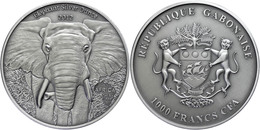 512 1.000 Francs, 2012, Afrika - Elefant, 1 Unze Silber, Antik Finish, In Kapsel Mit Zertifikat, St. Auflage Nur 2.000 S - Gabun