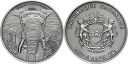 514 1.000 Francs, 2012, Afrika - Elefant, 1 Unze Silber, Antik Finish, In Kapsel Mit Zertifikat. St. Auflage Nur 2.000 S - Gabun