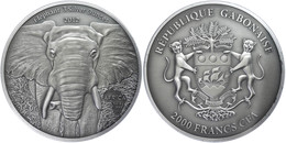 515 2.000 Francs, 2012, Afrika - Elefant, 3 Unzen Silber, Antik Finish, In Kapsel Mit Zertifikat, St. Auflage Nur 500 St - Gabun