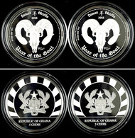 518 2x 5 Cedi, 2015, Lunar Skulls - Year Of The Goat, 1 Unze Silber, In Kapsel Mit Zertifikat, PP. Auflage Nur 500 Stück - Ghana