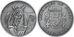 567 1.000 Francs, 2013, Afrika - Nashorn, 1 Unze Silber, Antik Finish, In Kapsel Mit Zertifikat, St. Auflage Nur 2.000 S - Kongo - Zaire (Dem. Republik, 1964-70)