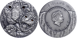 635 1 Dollar, 2013, Tiger, 1 Unze Silber, Antik Finish, Mit Swarovski, Etui Mit OVP Und Zertifikat, St. Auflage Nur 999  - Niue