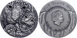 636 1 Dollar, 2013, Tiger, 1 Unze Silber, Antik Finish, Mit Swarovski, Etui Mit OVP Und Zertifikat, St. Auflage Nur 999  - Niue
