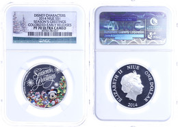 672 Dollar, 2014, Disney-Season's Greetings, In Slab Der NGC Mit Der Bewertung PF70 Ultra Cameo, Colorized Early Release - Niue