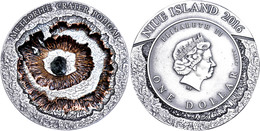 689 1 Dollar, 2016, Meteoriten - Crater Popigai, 1 Unze Silber, Antik Finish, Etui Mit OVP Und Zertifikat, St. Auflage N - Niue