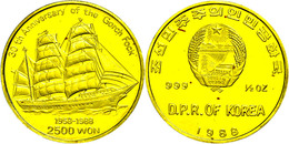 704 2500 Won, Gold, 1988, 30 Jahre Segelschiff Gorch Fock II, Fb. 5, Etwas Fleckig, PP.  PP - Korea (Nord-)