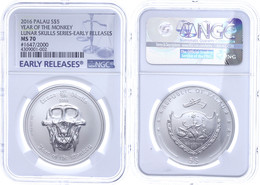 756 5 Dollars, 2015, Lunar Skulls Series-Year Of The Monkey, In Slab Der NGC Mit Der Bewertung MS70, Early Releases. - Palau