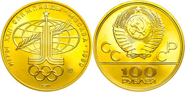 767 100 Rubel, Gold, 1977, Olympiade In Moskau 1980 - Emblem, Fb. 191, In Kapsel Und Originaletui, St.  St - Russland