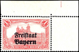 1304 1 Mark Deutsches Reich Rot Mit Schwarzem Bdr.-Aufdruck "Freistaat Bayern", Abart "doppelter Aufdruck", Eckrandstück - Other & Unclassified